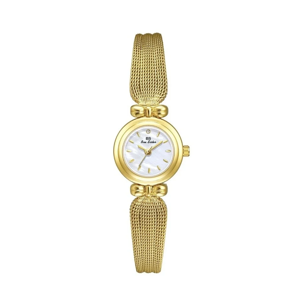 Bee Sisters Women's Watch Round Golden Tone Quartz Minimalist Retro Wrist Watch